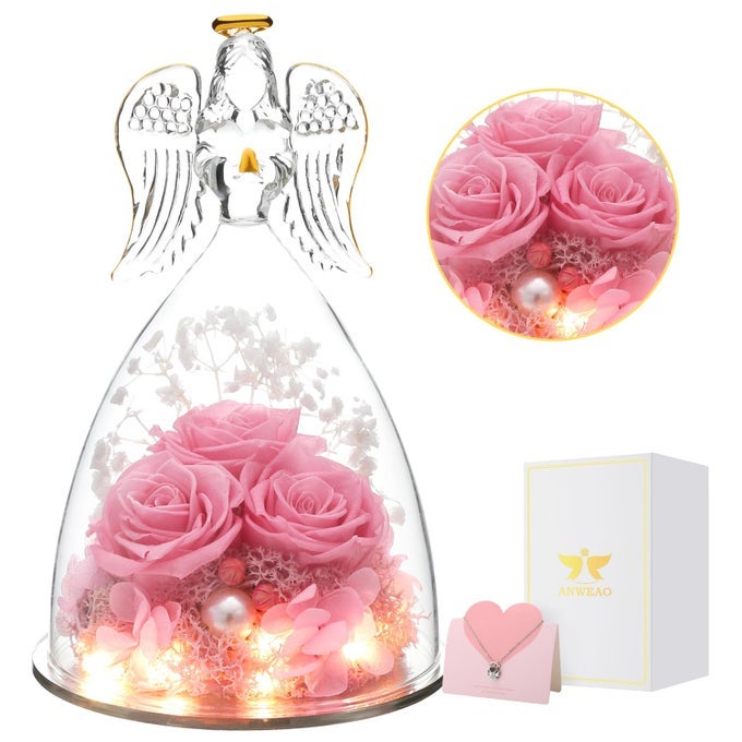BIRTHDAY GIFTS FOR HER GLASS ANGEL FIGURINE WITH THREE ROSE GIFTS PRESERVED FOREVER REAL ROSE GIFTS FOR WOMEN ANGEL GUARDIAN WITH ROSE GIFTS FOR VALENTINE MOTHERS DAY