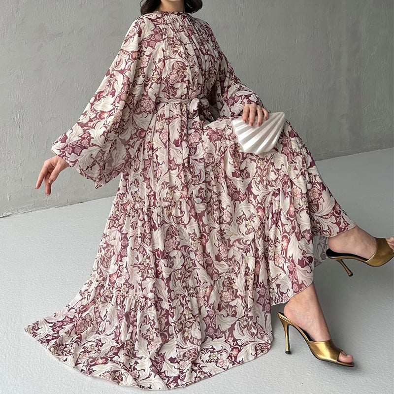Export Women'S Round Neck Long-Sleeved Waist Printed Casual And Comfortable Long Skirt - Image 4
