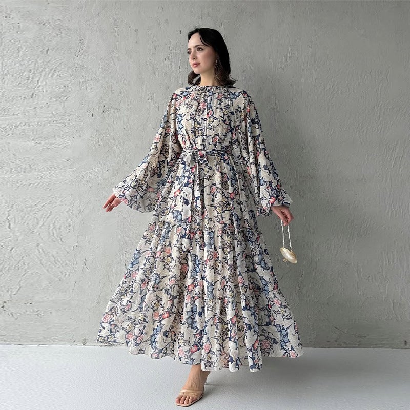 Export Women'S Round Neck Long-Sleeved Waist Printed Casual And Comfortable Long Skirt - Image 5