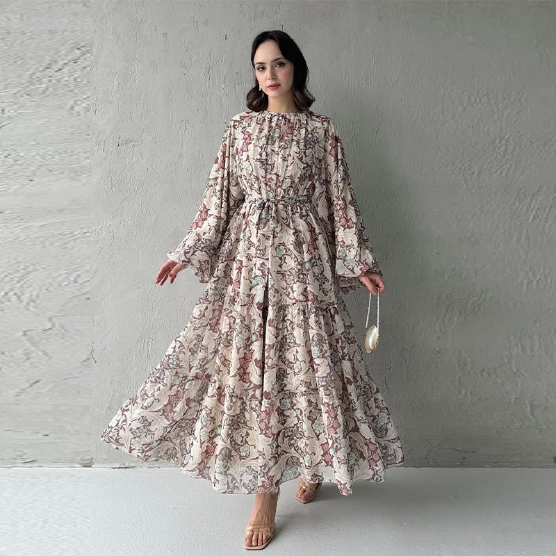 Export Women'S Round Neck Long-Sleeved Waist Printed Casual And Comfortable Long Skirt - Image 2