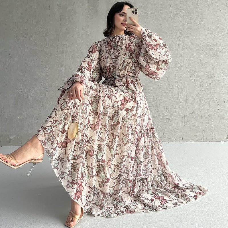 Export Women'S Round Neck Long-Sleeved Waist Printed Casual And Comfortable Long Skirt - Image 3