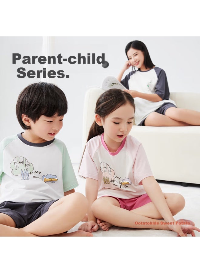 Potatokids Children's Home Wear Summer Thin Short Sleeve Shorts Boys And Girls Parent-child Pajamas Lotus Pink 130 - Image 2