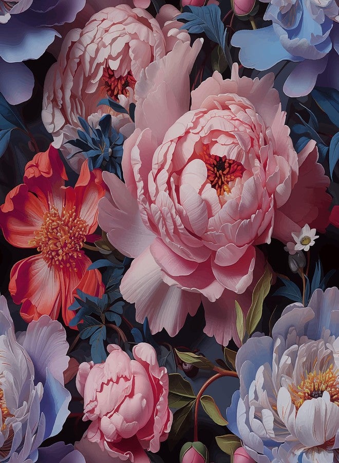 CRE8TIVE Pink Blue Peonies Floral Wallpaper Vintage Dark Floral Peel and Stick Wallpaper for Bedroom Bathroom 12"x118" Self Adhesive Removable Vinyl Floral Contact Paper for Cabinets and Drawers Walls - Image 1