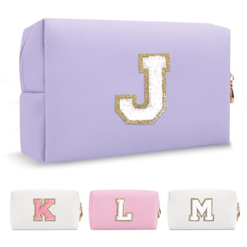 ChaoGreat Personalized Makeup Bag Initial A-Z Preppy Patch Bag,Small PU Leather Travel Cosmetic Bag Pouch with Zipper,Purple Cute Toiletry Bag,Gift Ideal for Teen Girls Women Birthday Friend Mom,Latter J - Image 1