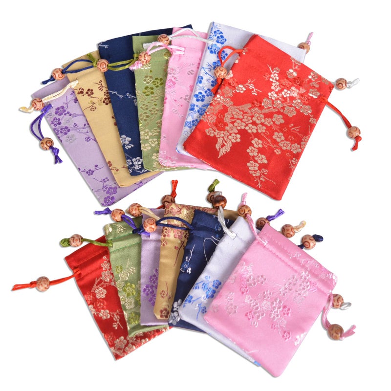 Baitaihem 14 Pcs Brocade Pounch Chinese Drawstring Jewelry Gift Bag Mixed Colors Random Pattern - Image 1