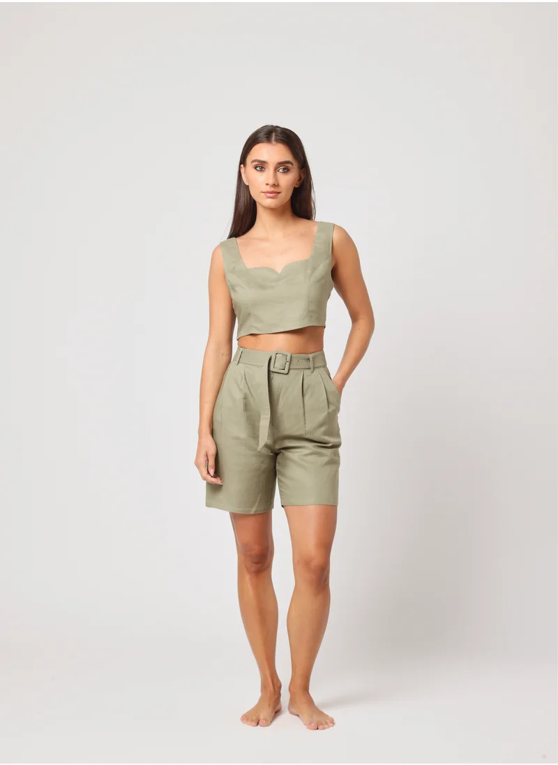 أشيتا فرنانديز Ashita Fernandes Fiza Linen Shorts for women – Olive Green, Lightweight & Breathable, Sustainable Fabric, Everyday & Resort Wear, Effortless Casual Elegance