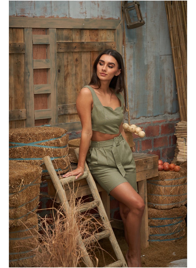 Ashita Fernandes Ashita Fernandes Fiza Linen Shorts for women – Olive Green, Lightweight & Breathable, Sustainable Fabric, Everyday & Resort Wear, Effortless Casual Elegance  - Image 3