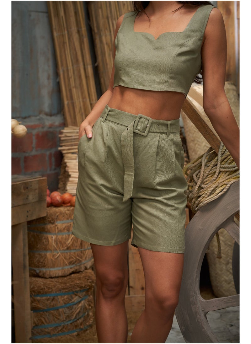 Ashita Fernandes Ashita Fernandes Fiza Linen Shorts for women – Olive Green, Lightweight & Breathable, Sustainable Fabric, Everyday & Resort Wear, Effortless Casual Elegance  - Image 4