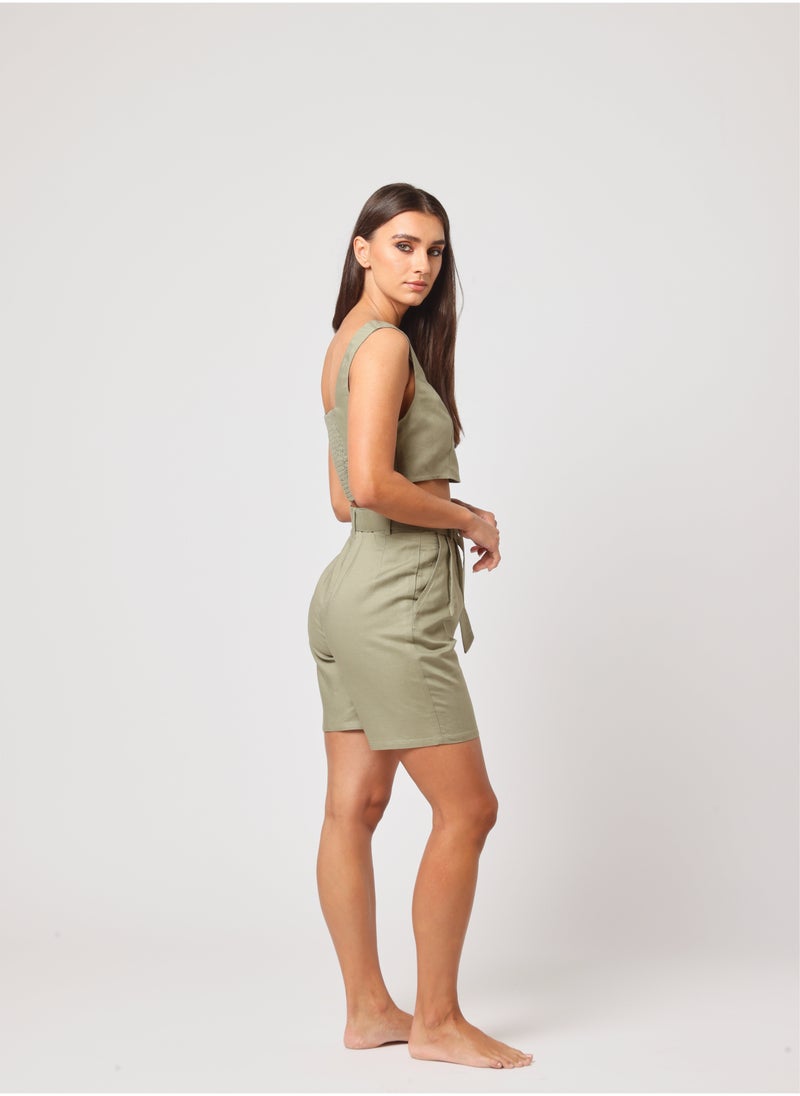 Ashita Fernandes Ashita Fernandes Fiza Linen Shorts for women – Olive Green, Lightweight & Breathable, Sustainable Fabric, Everyday & Resort Wear, Effortless Casual Elegance  - Image 5