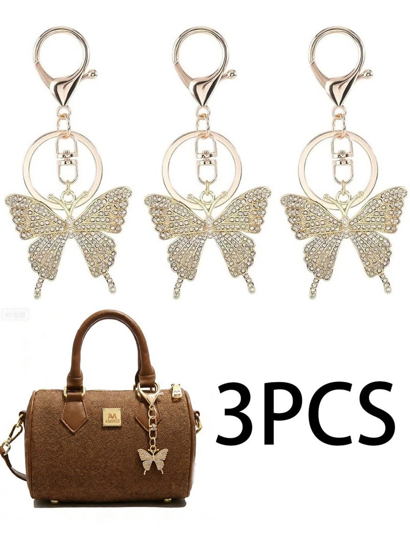 3Pcs Butterfly Bag Charms Butterfly Rhinestone Keychain Alloy Key Ring Sparkly Gold Butterflies Insect Animal Keychains Charms for Handbags Keychains Backpack Purse Decorations Women - Image 1