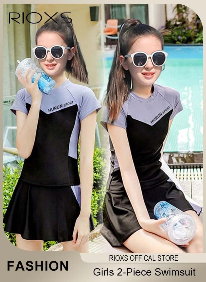 RIOXS Girls Two-Piece Swimsuit Rash Guard Short Sleeve Swimsuit Kids Swimwear Water Sports Sun Protection Bathing Suits With Skirts - Image 2
