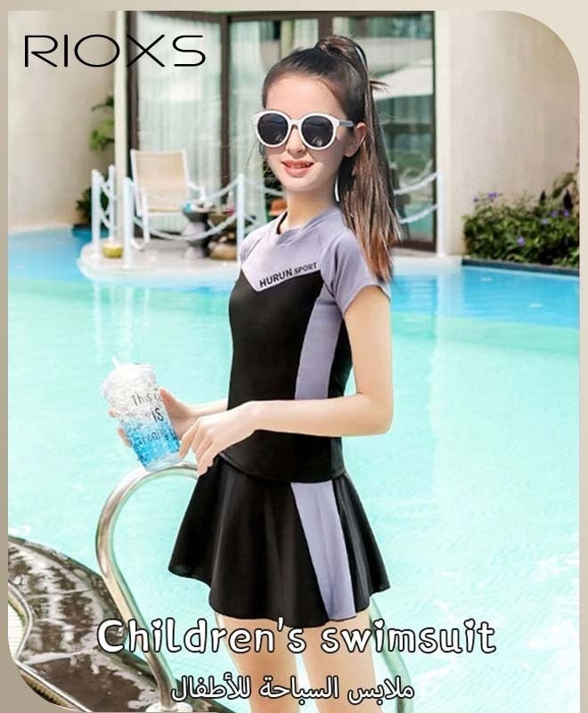 Two-Piece Little Girls' Rash Guard Swimsuits Set, Breathable Quick Dry Short Sleeve Swimming Shirts with Swimming Skirts, UV Protection Kids Girls' Bathing Suit, Stretch Swimwear Athletic Beach Sport Swimwear Surfing Swimwear for Diving, Swimming Water Park or Beach Activities