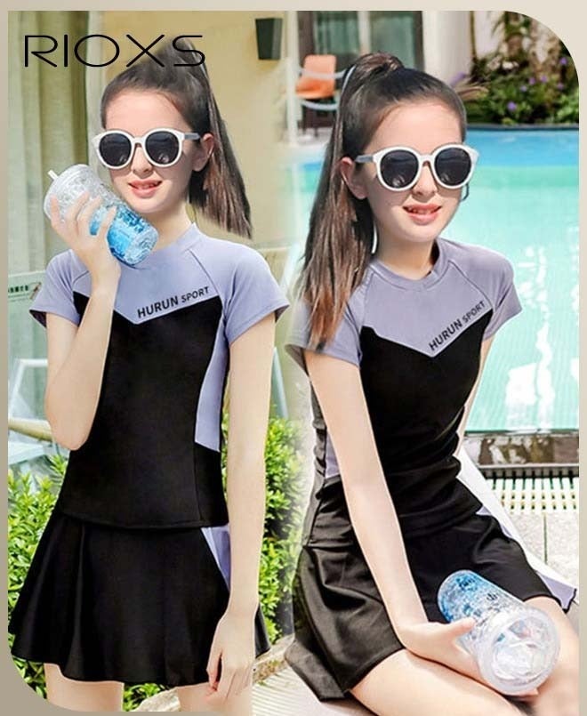RIOXS Two-Piece Little Girls' Rash Guard Swimsuits Set, Breathable Quick Dry Short Sleeve Swimming Shirts with Swimming Skirts, UV Protection Kids Girls' Bathing Suit, Stretch Swimwear Athletic Beach Sport Swimwear Surfing Swimwear for Diving, Swimming Water Park or Beach Activities - Image 2