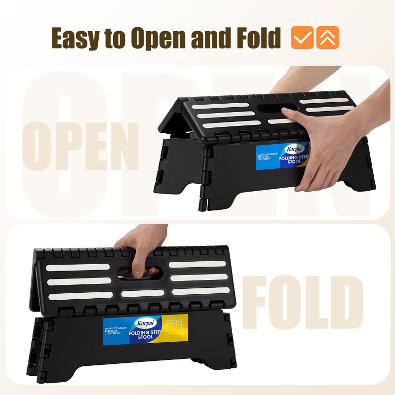 Korpai 5" Folding Step Stool for Adults and Kids 15-Inch Extra Wide Stool Holds Up to 300 lbs,Non-Slip Folding Stools with Handle,Compact Plastic Foldable Step Stool for Bathroom,Kitchen,ect, Black - Image 5