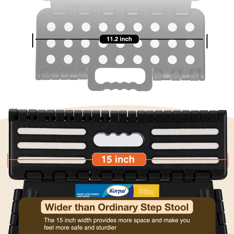 Korpai 5" Folding Step Stool for Adults and Kids 15-Inch Extra Wide Stool Holds Up to 300 lbs,Non-Slip Folding Stools with Handle,Compact Plastic Foldable Step Stool for Bathroom,Kitchen,ect, Black - Image 3