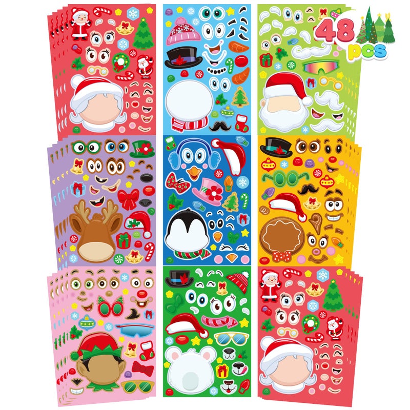 JOYIN 48 Pcs Christmas Makeaface Sticker Sheets Make Your Own Characters Mix and Match Sticker Sheets with Santa Santa Reindeer Gingerbread Snowman and Elf Kids Party Favor Supplies Xmas Craft