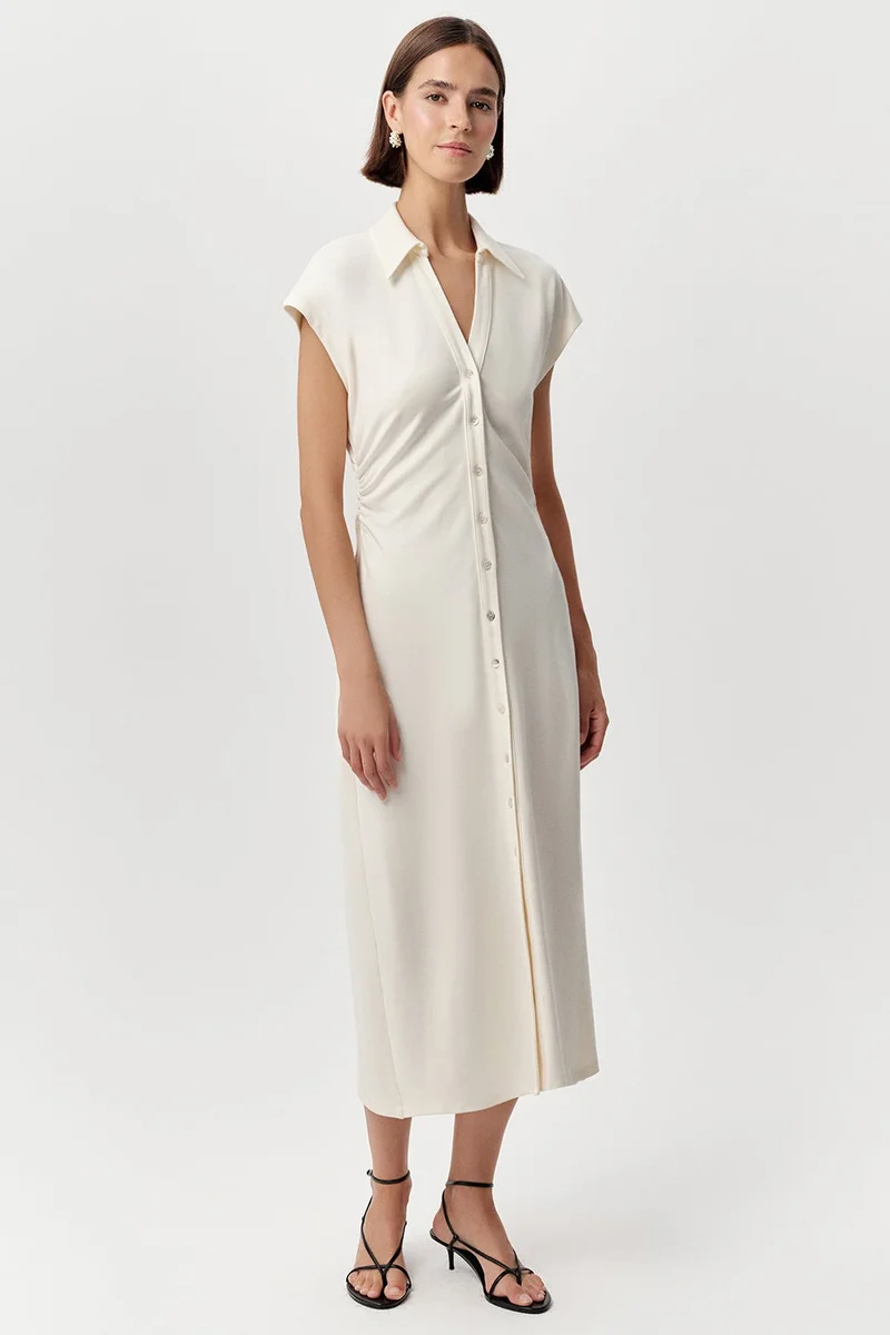 EXQUISE Shirt Collar, Gathered Waist, Buttoned Midi Slim Fit Knitted Bone Dress