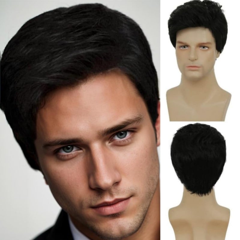 Swiking Mens Short Black Wig Natural Looking Synthetic Full Hair Wigs for Male Daily Party Costume Wig Black