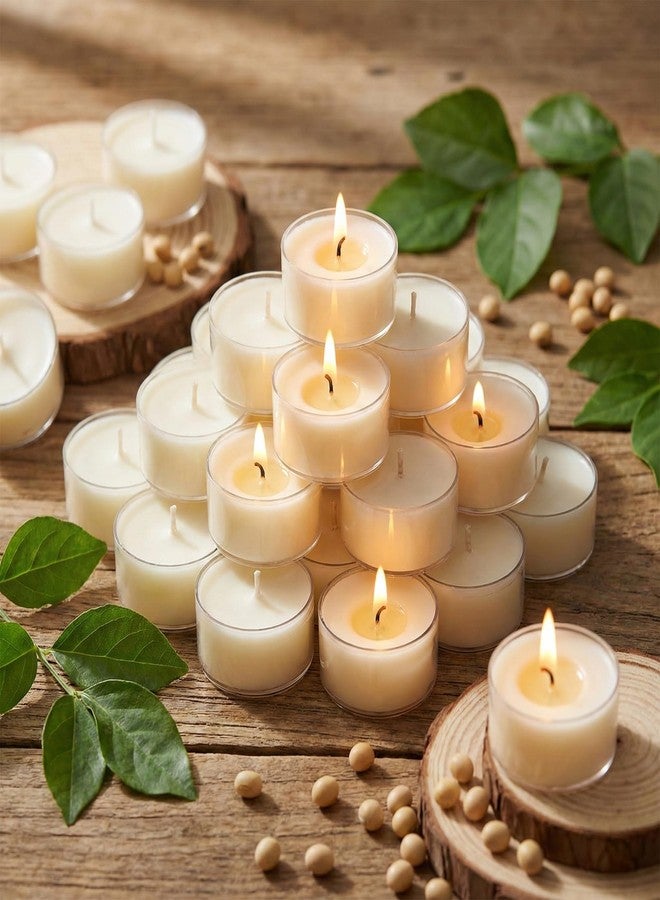 Simeitol 100 Pcs Soy Wax Tealight Candles (6 Hour Burn Time) White Unscented Votive Candles, Smokeless & Extended Burn Time Clear Cup Tea Lights for Weddings, Home, Emergencies - Image 1