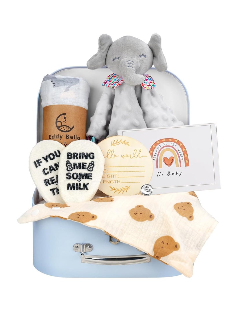 NNEWVANTE Baby Boy Gift Basket Set, 8Pcs Newborn Baby Essentials Baby Gift Baskets Set, Cute & Practical Baby Boy Gift Baskets for Newborn, Baby Boy Gifts, Best Welcome Baby Gift & Gender Reveal Gift Basket - Image 1