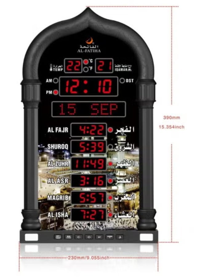 الفاتحة ساعة حائط أذان متعددة اللغات مع شاشة رقمية LED ومكبر صوت لاسلكي و8 أصوات أذان للمسجد والصلاة الإسلامية (أسود) - Image 2