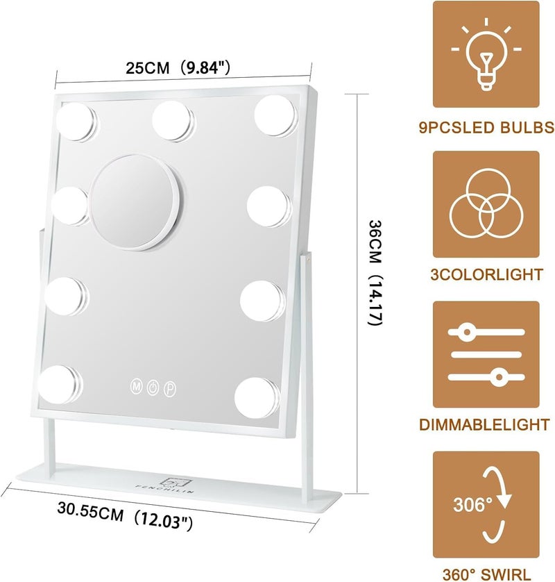 FENCHILIN Vanity Mirror with Light Lighted Makeup Mirror Vanity Makeup Mirror Smart Touch Control 3Colors Dimable Light Detachable 10X Magnification 360°Rotation(White) - Image 2