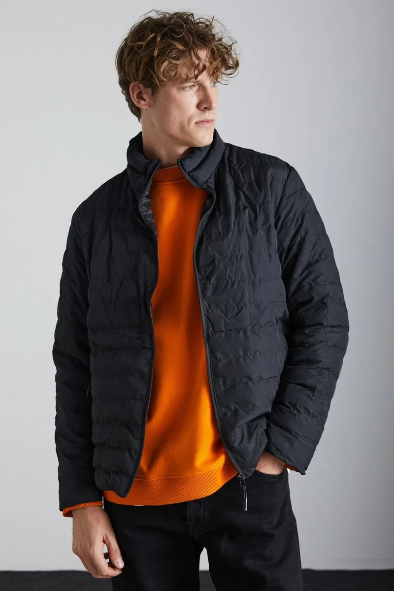 GRIMELANGE Alaska Men's Microfiber Winter Warm Stand Collar Regular Lined Zippered Black Coat