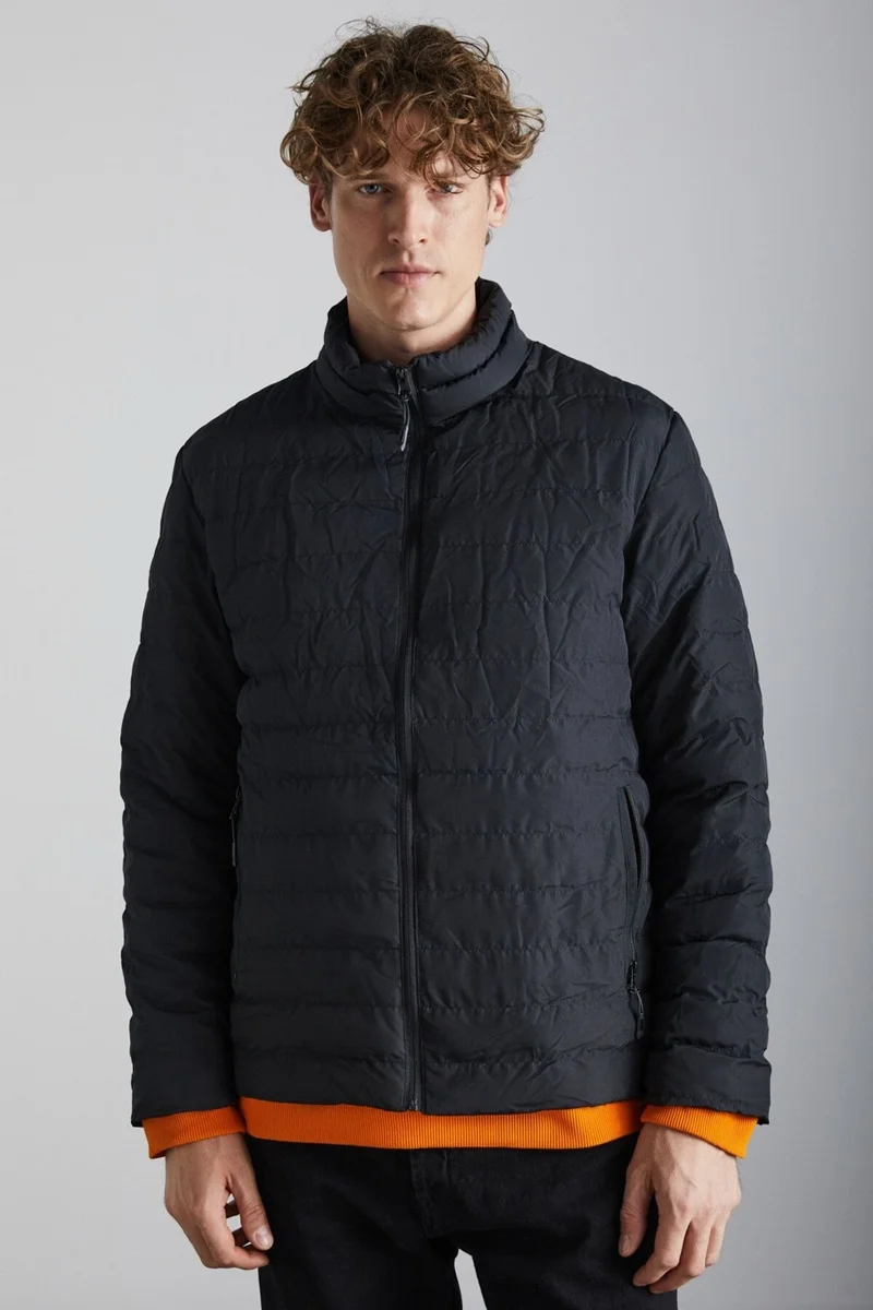 GRIMELANGE Alaska Men's Microfiber Winter Warm Stand Collar Regular Lined Zippered Black Coat