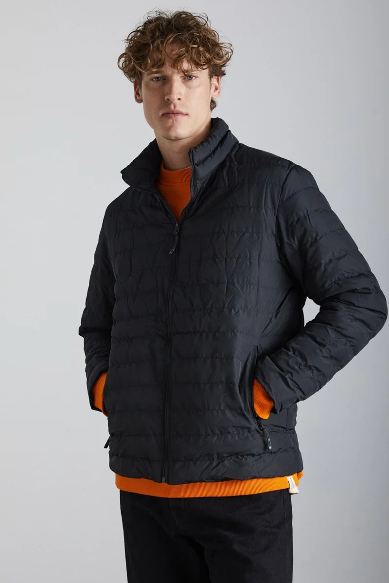 GRIMELANGE Alaska Men's Microfiber Winter Warm Stand Collar Regular Lined Zippered Black Coat