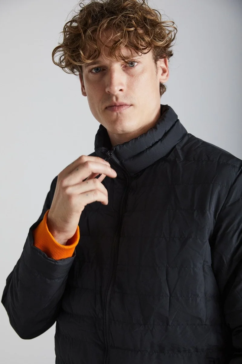 GRIMELANGE Alaska Men's Microfiber Winter Warm Stand Collar Regular Lined Zippered Black Coat