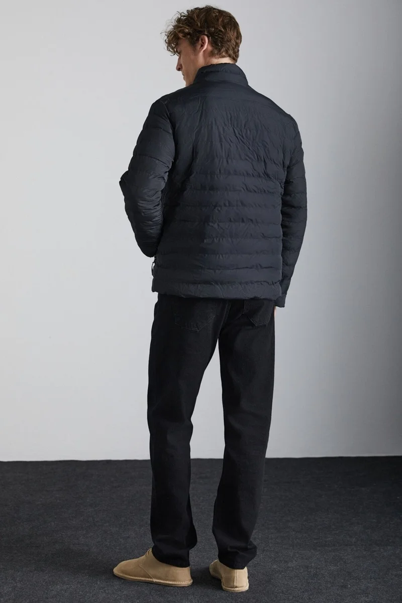 GRIMELANGE Alaska Men's Microfiber Winter Warm Stand Collar Regular Lined Zippered Black Coat