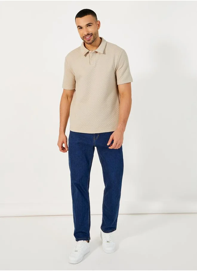 Styli Diagonal Quilted Textured Half Placket Relaxed Polo