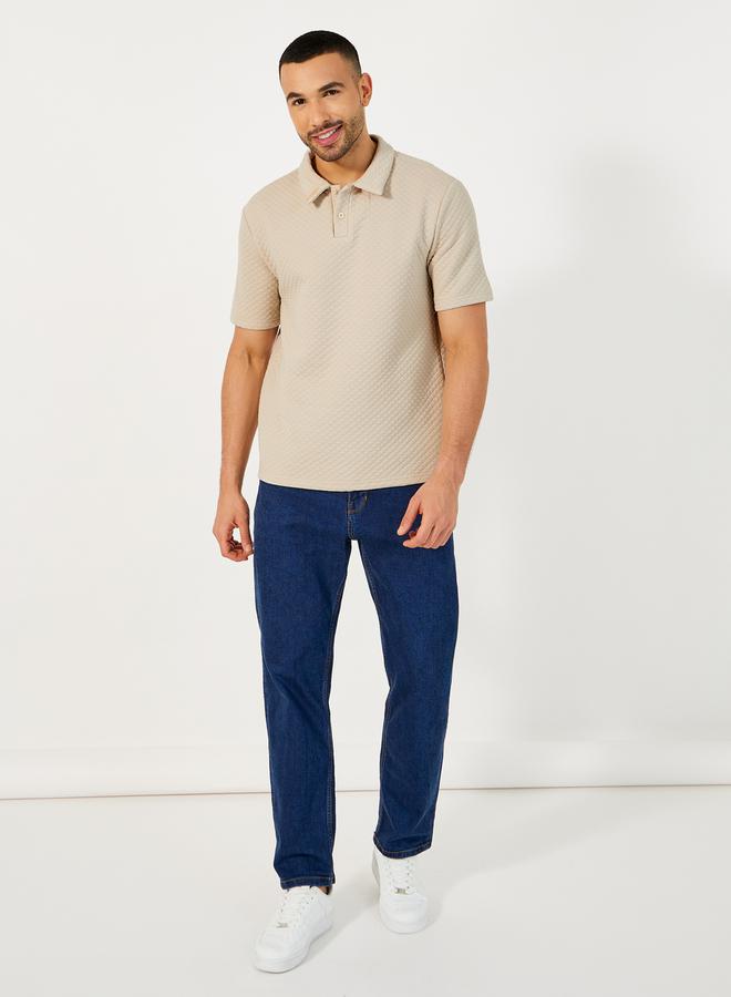 Styli Diagonal Quilted Textured Half Placket Relaxed Polo - Image 2