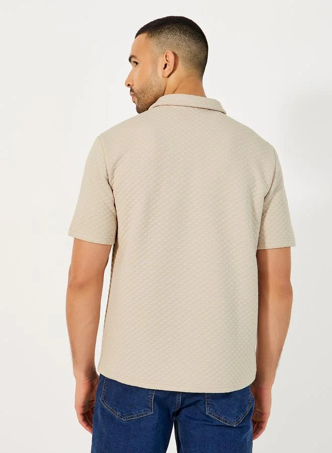 Styli Diagonal Quilted Textured Half Placket Relaxed Polo