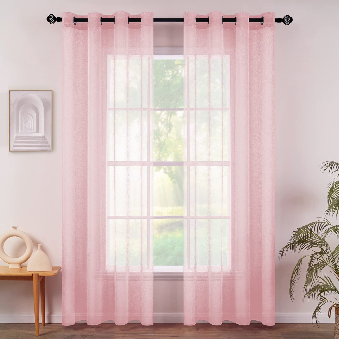 MIULEE 2 Panels Pink Semi Sheer Window Curtains Spring Elegant Grommet Top Window Voile Drapes/Treatment Linen Textured Panels for Bedroom Living Room (54X84 Inches)