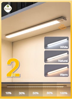 YooA 2pc 40LED Motion Sensor Light Bar | Cordless Under Cabinet Light | Night Induction Light | Rechargeable Closet Light - White, Warm, Natural Light - Human Body Sensor - Magnetic Installation - Rechargeable Night Light for Kitchen, Hallway, Bedroom, Drawer, Cabinet, Closet, Wardrobe (20cm)  - Image 1