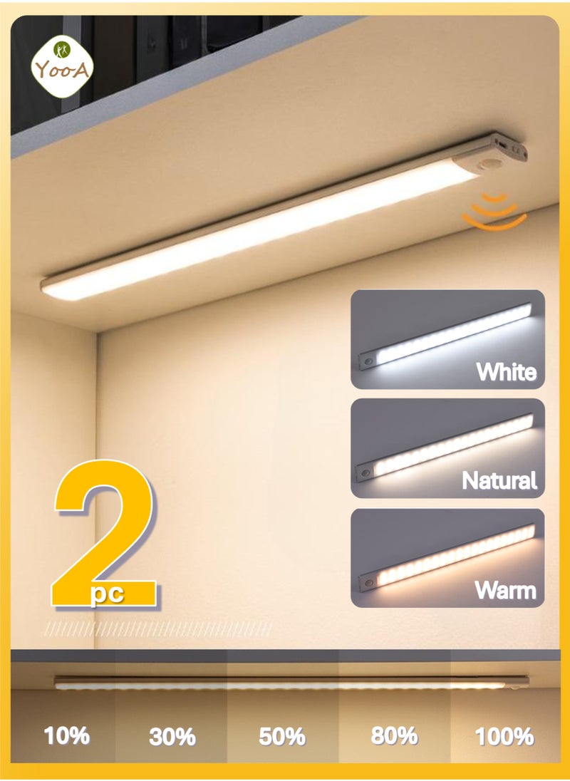 YooA 2pc 40LED Motion Sensor Light Bar | Cordless Under Cabinet Light | Night Induction Light | Rechargeable Closet Light - White, Warm, Natural Light - Human Body Sensor - Magnetic Installation - Rechargeable Night Light for Kitchen, Hallway, Bedroom, Drawer, Cabinet, Closet, Wardrobe (20cm)  - Image 1