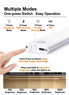 YooA 2pc 40LED Motion Sensor Light Bar | Cordless Under Cabinet Light | Night Induction Light | Rechargeable Closet Light - White, Warm, Natural Light - Human Body Sensor - Magnetic Installation - Rechargeable Night Light for Kitchen, Hallway, Bedroom, Drawer, Cabinet, Closet, Wardrobe (20cm)  - Image 3