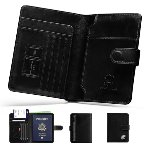 LORZOR Passport Holder for Travel: Full Grain Leather Passport Cover with Airtag Holder Magnetic Buckle for Men - RFID Blocking Bifold Wallet for Air Ticket Card Cash Coin (Black) - Image 1