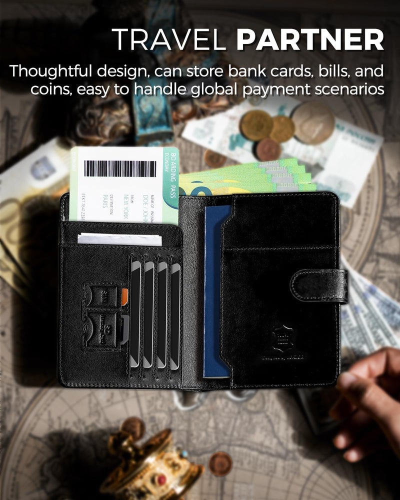 LORZOR Passport Holder for Travel: Full Grain Leather Passport Cover with Airtag Holder Magnetic Buckle for Men - RFID Blocking Bifold Wallet for Air Ticket Card Cash Coin (Black) - Image 4