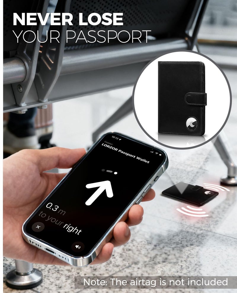 LORZOR Passport Holder for Travel: Full Grain Leather Passport Cover with Airtag Holder Magnetic Buckle for Men - RFID Blocking Bifold Wallet for Air Ticket Card Cash Coin (Black) - Image 3