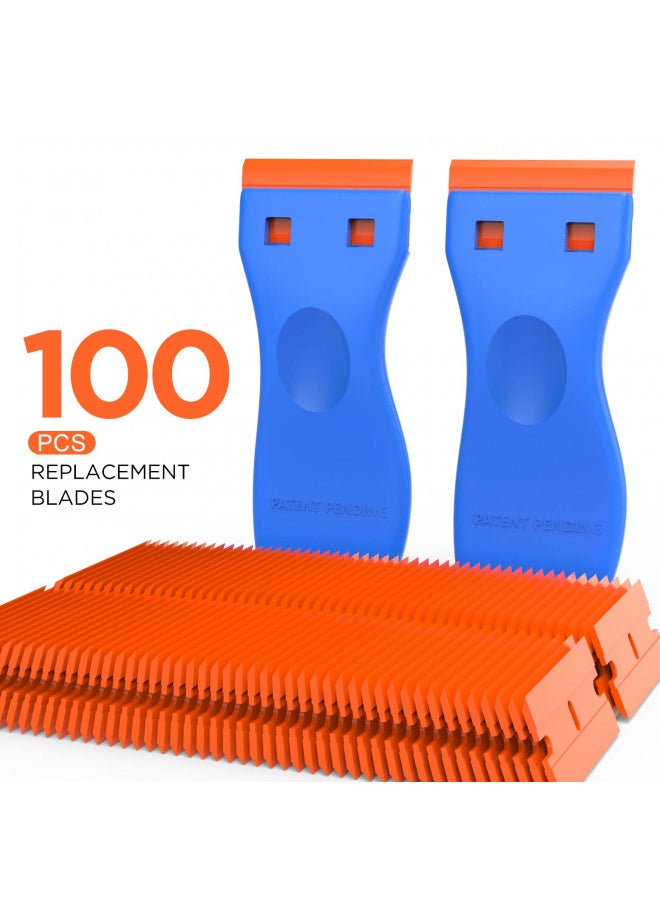 HELEMAN Plastic Razor Blades Scraper Tool - 2 Pack Wall Paint Remover with 100 Pcs Plastic Blades Kit No Scratch Car Window Glass Wood Sticker Removal Floor Stove Kitchen Vinyl Adhesive Decal Tape Cleanings  - Image 3