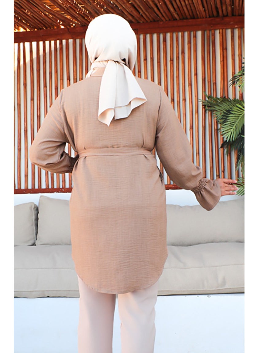 Sefa Merve Plus Size Belted Tunic 2033-13 Milky Coffee  - Image 5