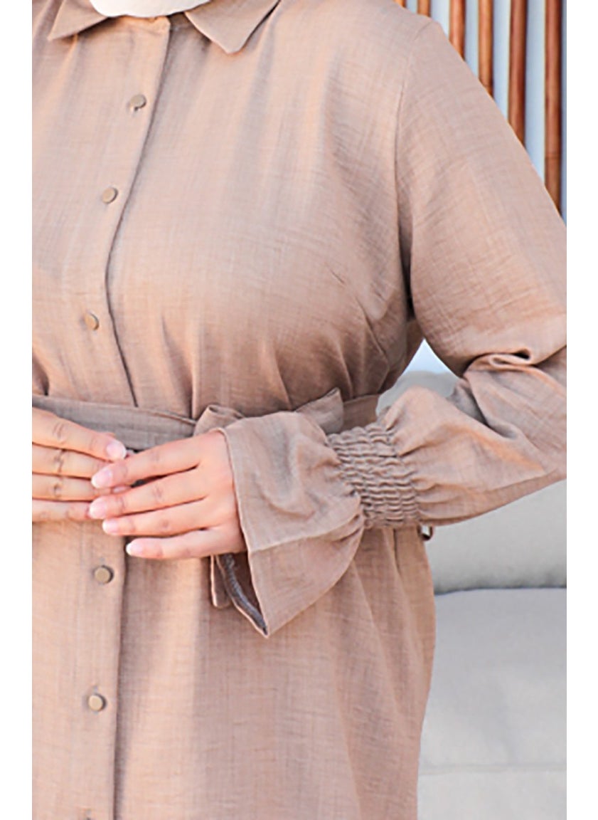 Sefa Merve Plus Size Belted Tunic 2033-13 Milky Coffee  - Image 4