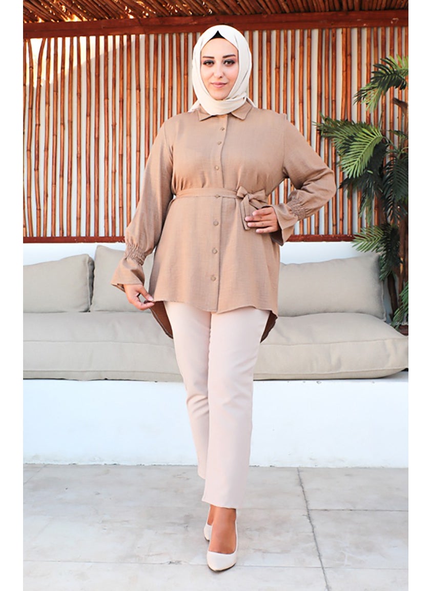 Sefa Merve Plus Size Belted Tunic 2033-13 Milky Coffee  - Image 2