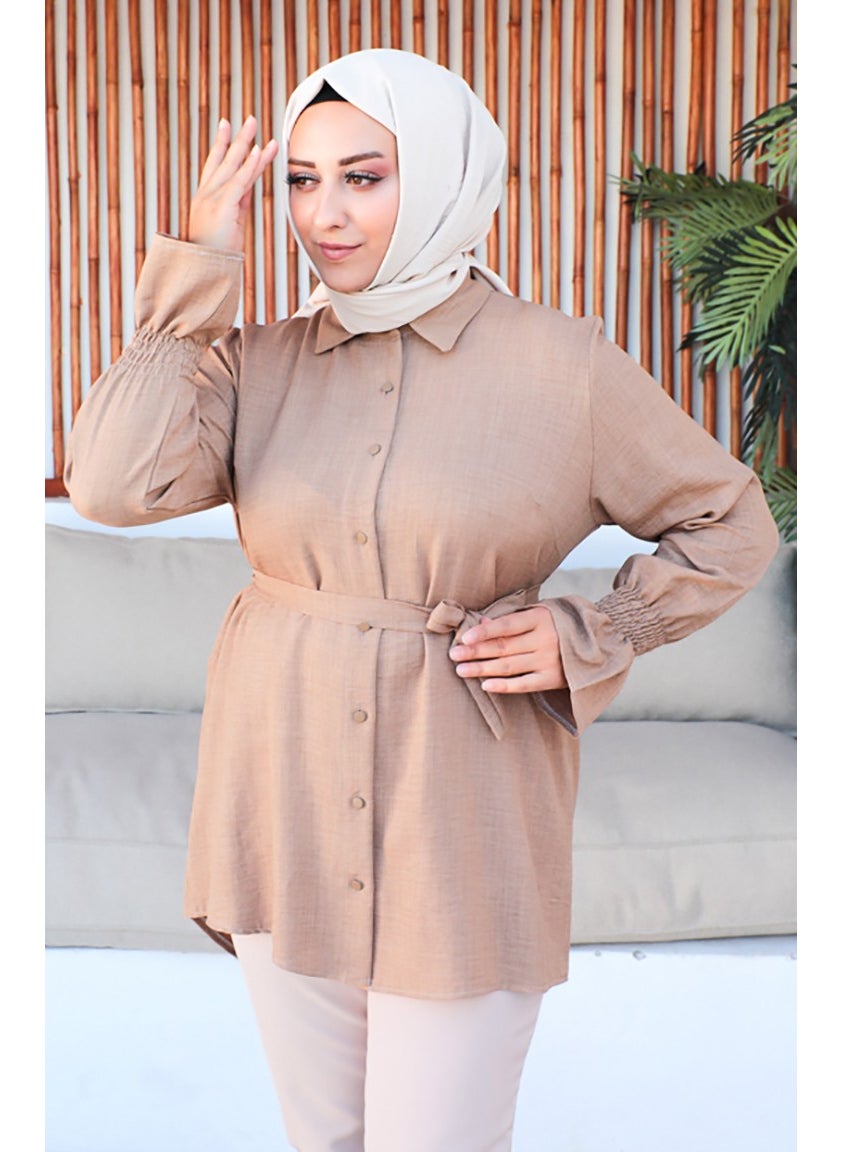 Sefa Merve Plus Size Belted Tunic 2033-13 Milky Coffee  - Image 1