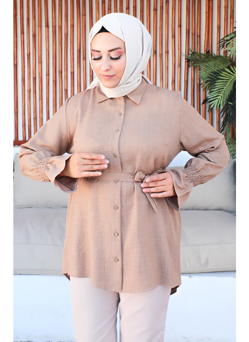 Sefa Merve Plus Size Belted Tunic 2033-13 Milky Coffee  - Image 3