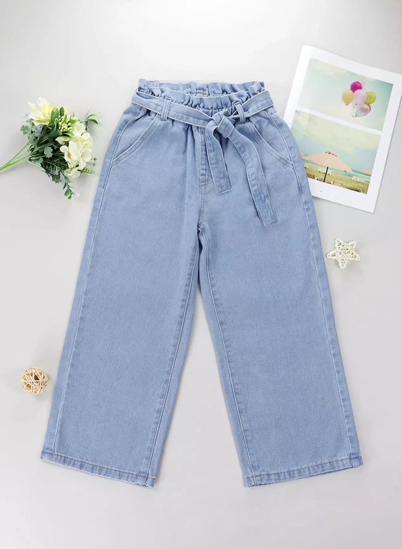 Girls Paper Bag Waist Belted Wide Leg Jeans  - Image 1