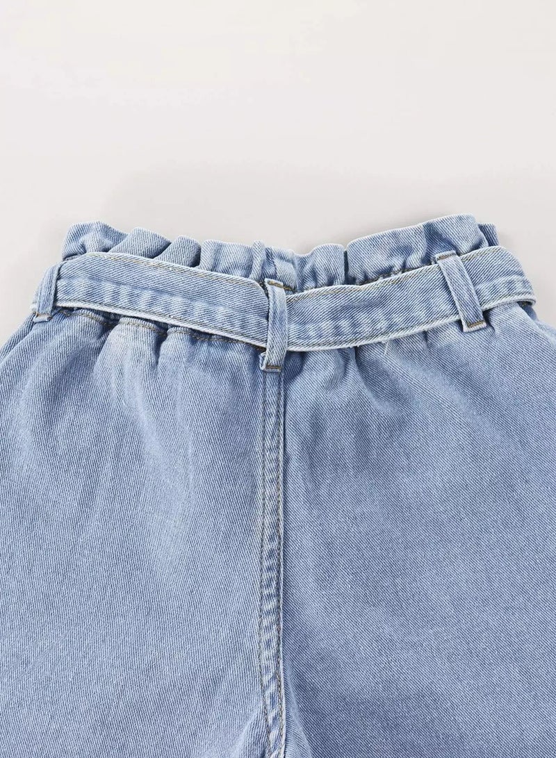 Girls Paper Bag Waist Belted Wide Leg Jeans  - Image 4