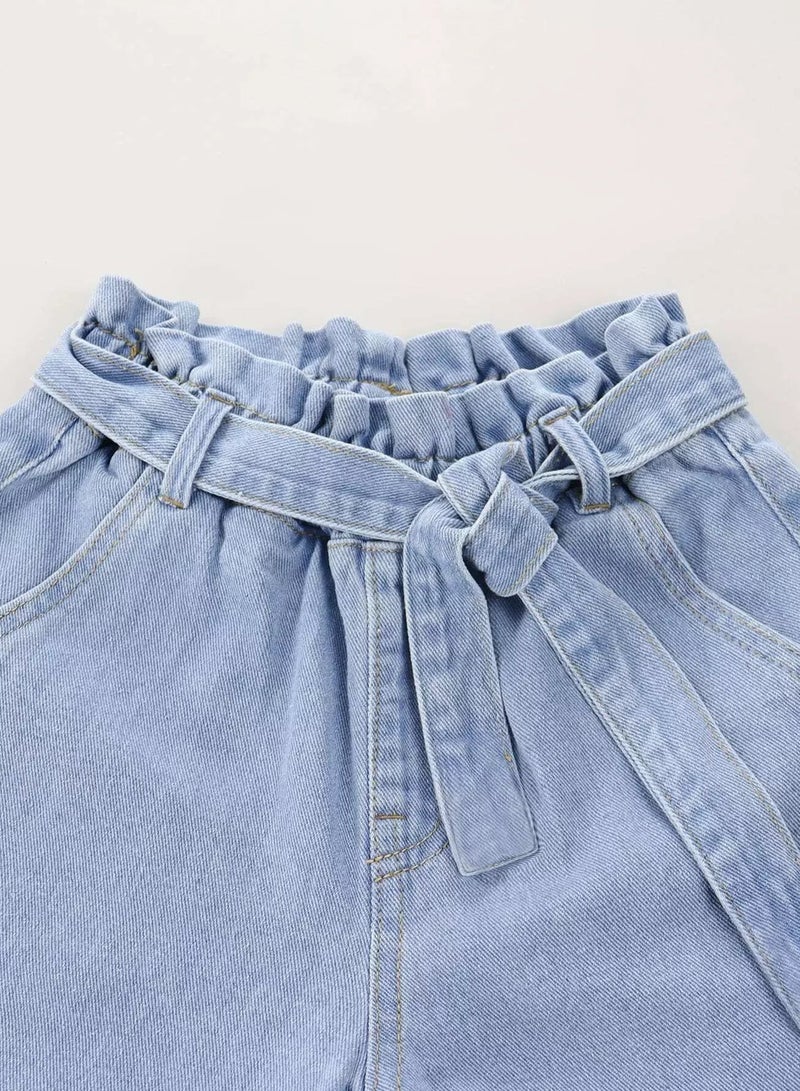 Girls Paper Bag Waist Belted Wide Leg Jeans  - Image 3